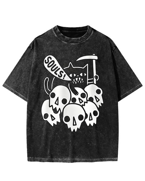 Fiendish Cat SOULS Skull Pile Washed T-Shirt