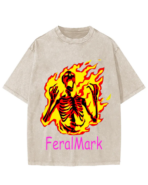 Flaming Skeleton Graphic FeralMark Washed T-shirt