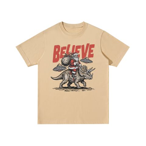 Santa on Triceratops with UFOs Cotton T-Shirt