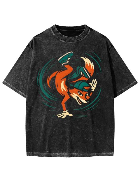 Breakdancing Fox Retro Graphic Washed T-Shirt