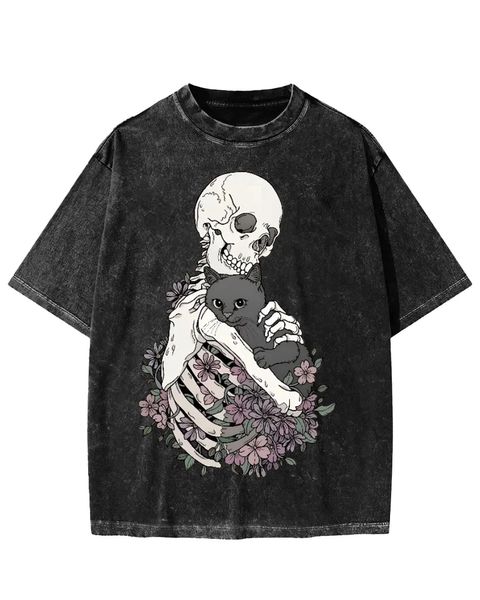 Skeleton Hugging Black Cat with Flowers Washed T-Shirt