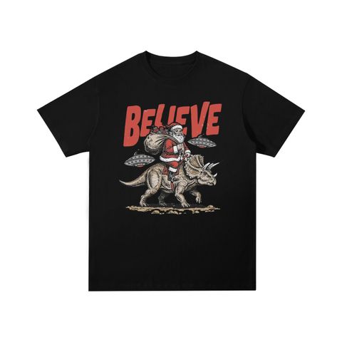 Santa on Triceratops with UFOs Cotton T-Shirt