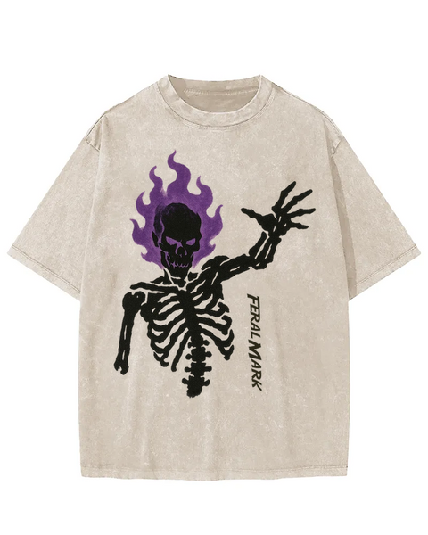 FeralMark Purple Flaming Skeleton Graphic Washed T-shirt