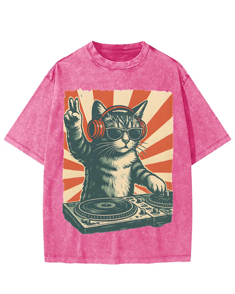 Funny DJ Cat Washed T-shirt