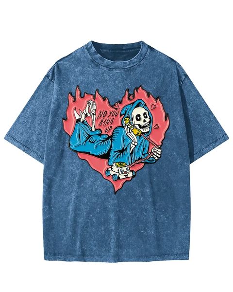 No You Hang Up Skull In Flame Heart Washed T-Shirt