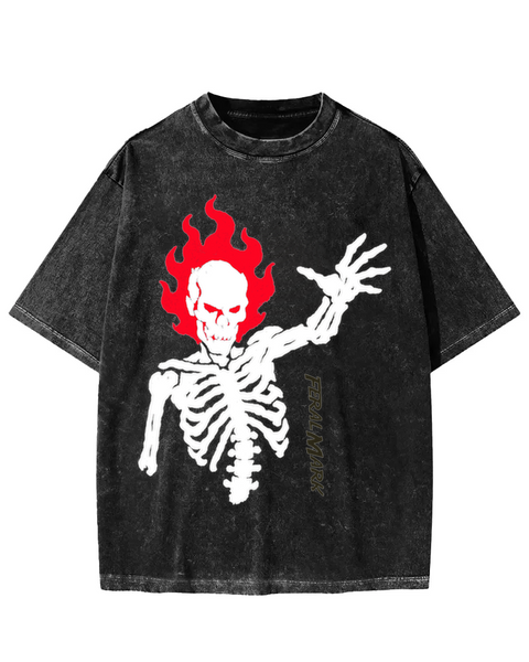 FeralMark Purple Flaming Skeleton Graphic Washed T-shirt