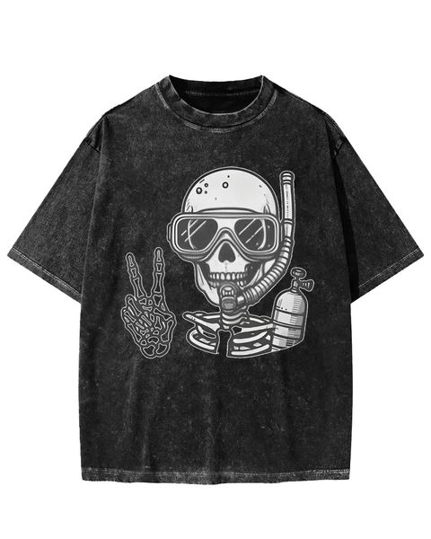 Diving Skeleton Peace Sign Washed T-Shirt