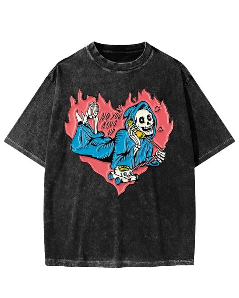 No You Hang Up Skull In Flame Heart Washed T-Shirt