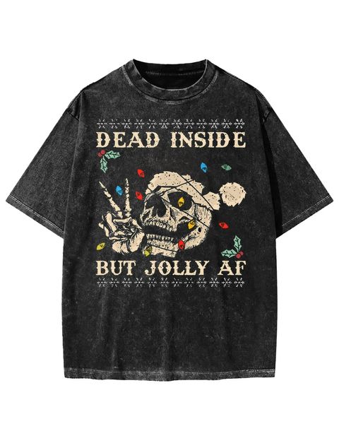 Festive Skull Dead inside but Jolly af Washed T-Shirt