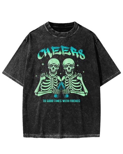 Cheers to Good Times with Friends Double Skull Washed T-Shirt