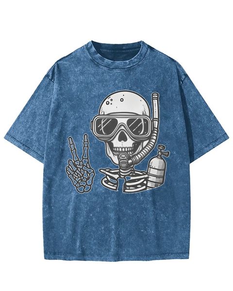 Diving Skeleton Peace Sign Washed T-Shirt