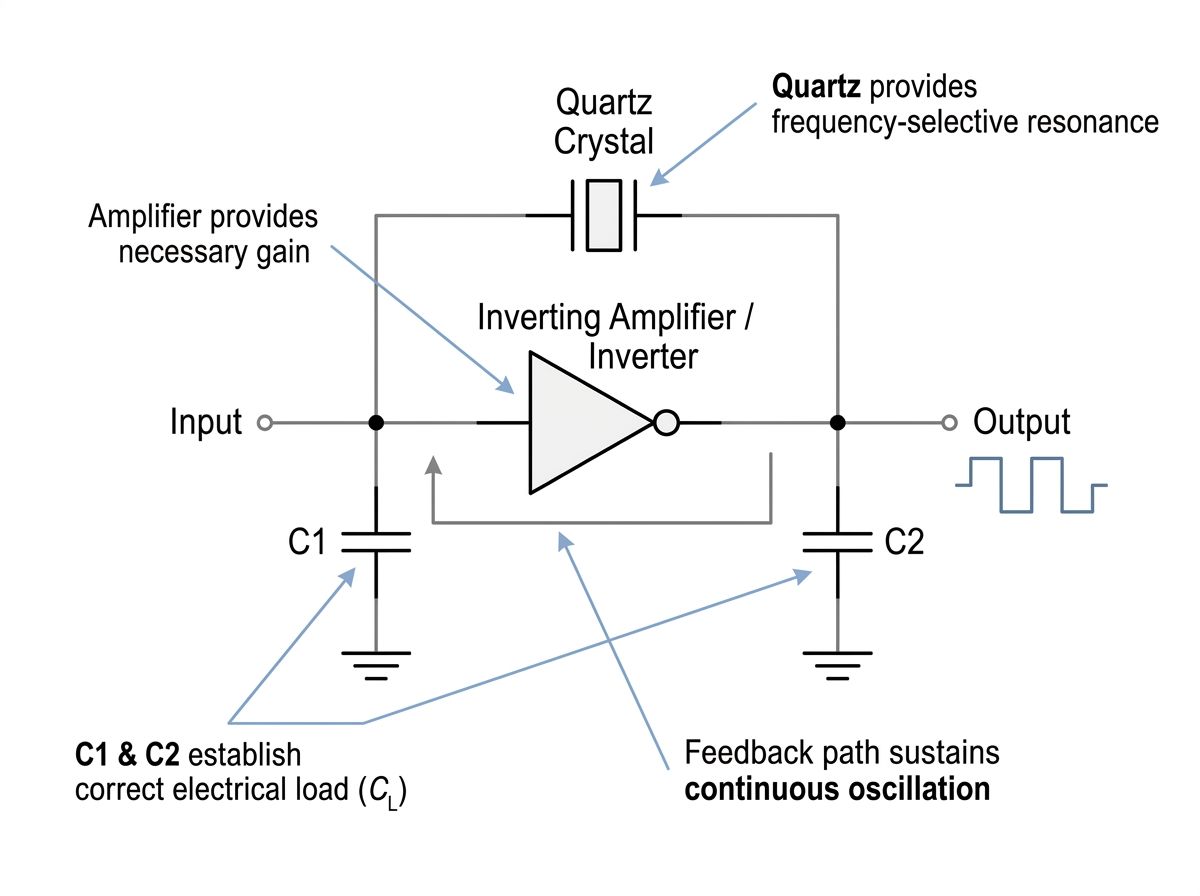 Pierce crystal oscillator circuit with quartz crystal and load capacitors
