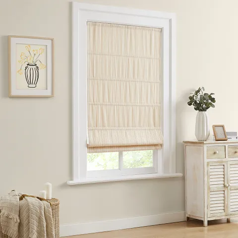 No-Drill Amber Stripe Linen Roman Shades