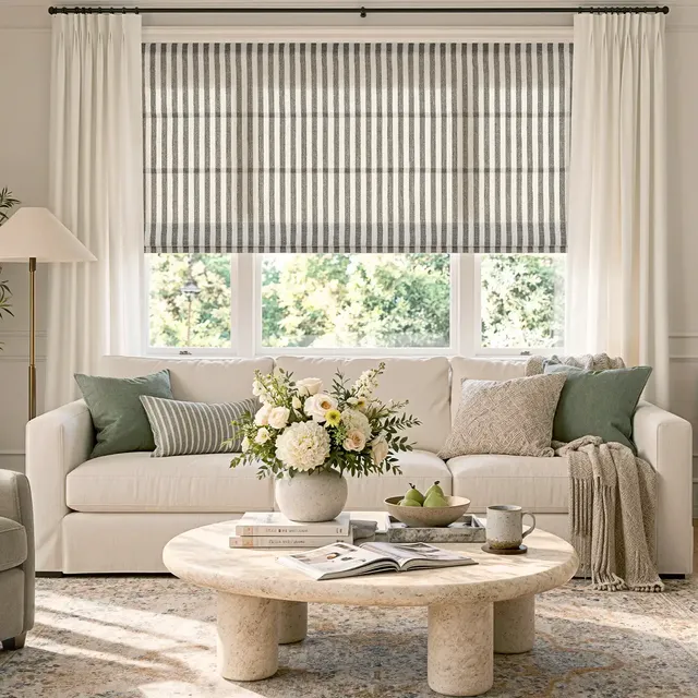 Shelly Custom Linen Striped Roman Shade Cordless