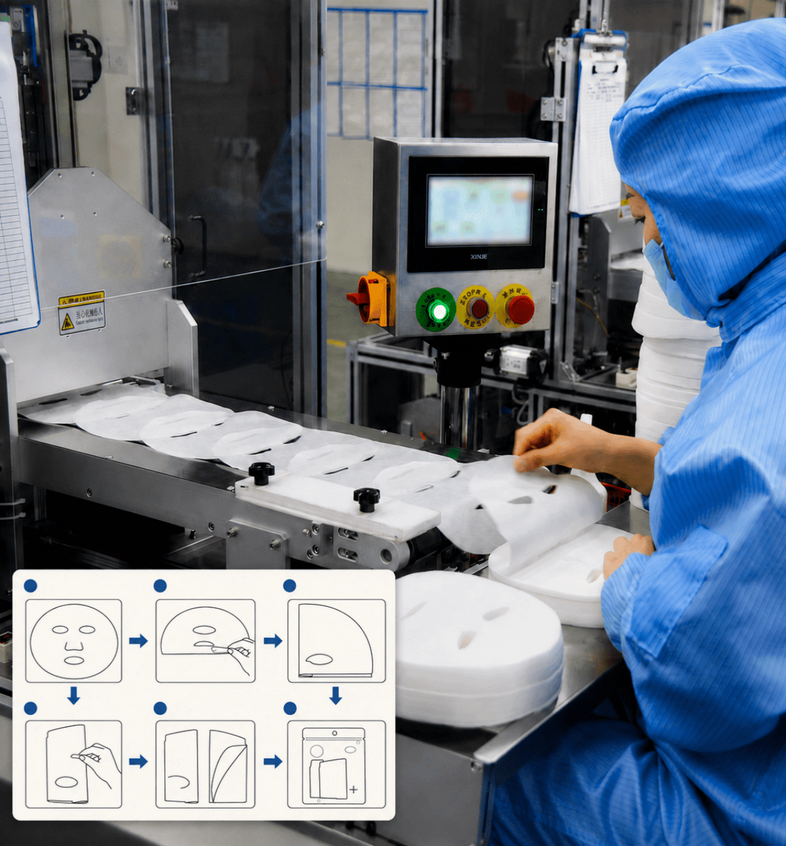 Flexible folding and packaging solutions for OEM mask sheets including customizable folding methods and pouch bagging options to optimize filling and production efficiency