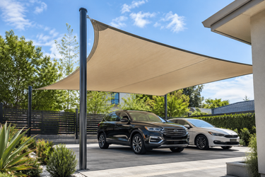 Custom shade sail for driveway providing UV protection for parked vehicles in a modern residential carport