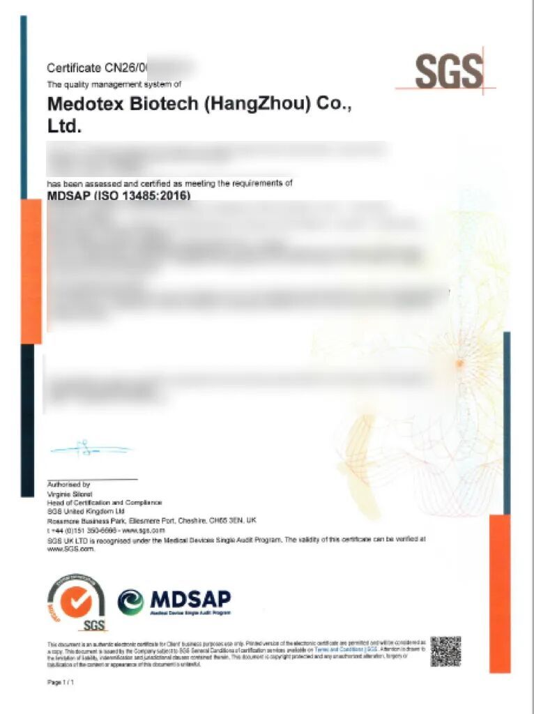 Close-up of Medotex Biotech MDSAP certificate issued by SGS, confirming ISO 13485:2016 compliance for global medical device market access.