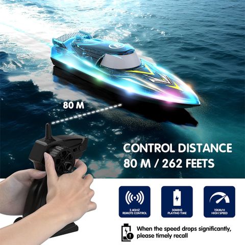 V666 2,4-GHz-Ferngesteuertes Stunt-Schnellboot mit Lichtern, wasserdichtes Spielzeugboot für Jungen mit Warnung bei niedrigem Akkustand