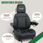 Universal forklift and tractor seat showing adjustable headrest, adjustable armrests, and 6-inch forward/backward slide rail