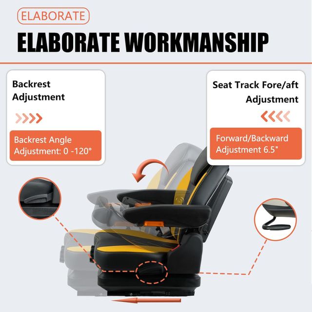Tractor Suspension Seat, Mower Seat, Adjustable Backrest and Armrests Heavy Duty Seat for Toro Forklift Mower Excavator Harvester
