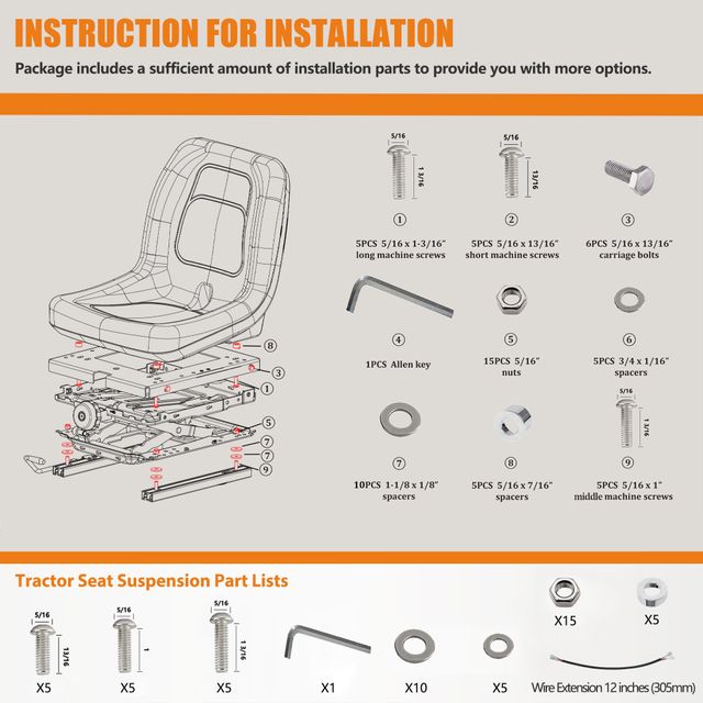 Universal Seat Suspension Kit with Slider Track, Universal Fit for Zero Turn Lawn Mower, Tractor, Forklift, Compatible with Most Aftermarket Seats