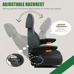 Universal forklift seat showing adjustable 6-inch forward/backward slide rail and foldable backrest
