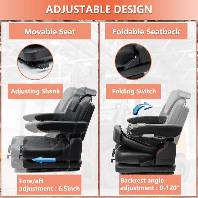 Highback Low Suspension Tractor Seat, Adjustable Backrest, Headrest, and Armrest Forklift Seat, Heavy Duty for Excavator Harvester Mower