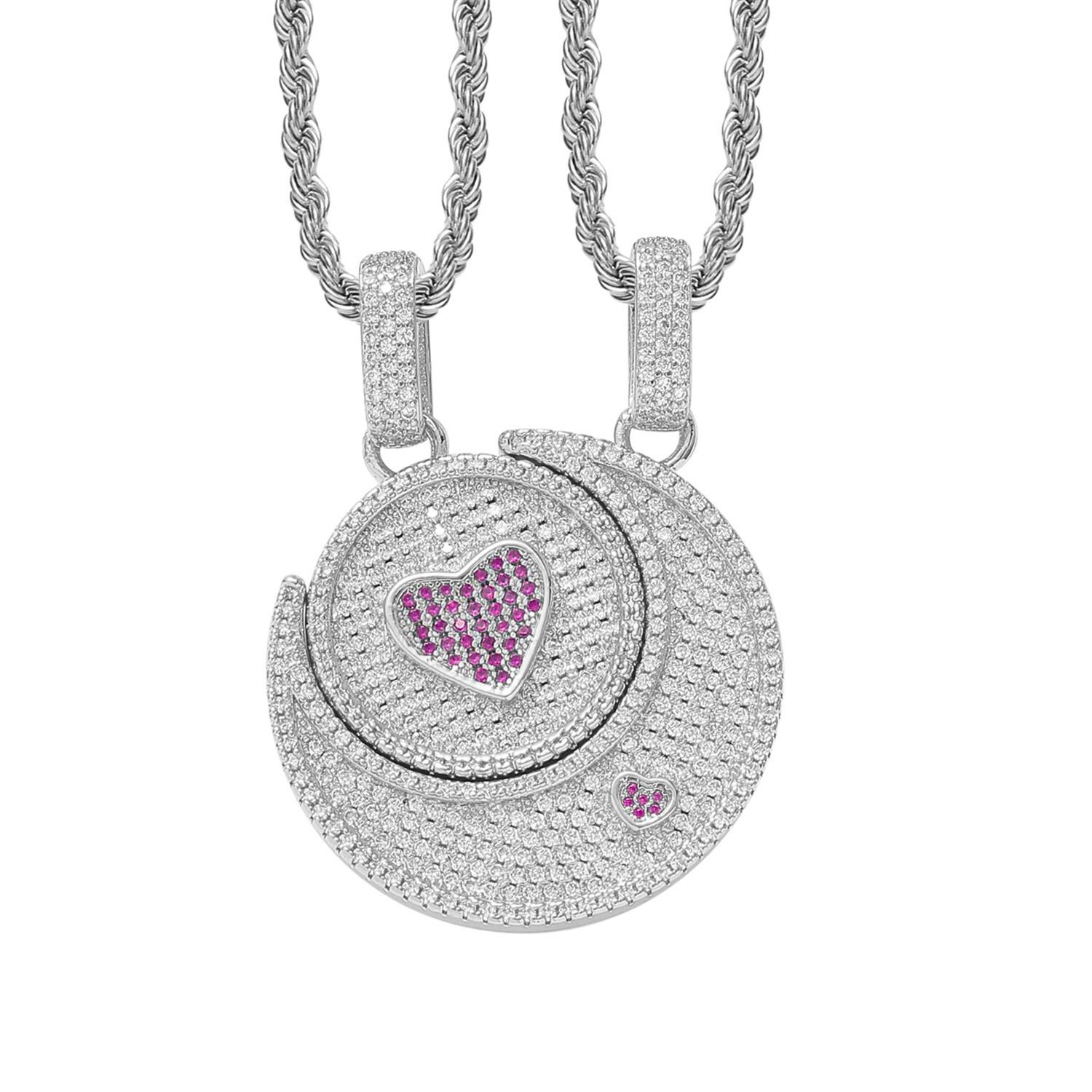Iced Out Sun & Moon Heart Pendant Necklace for Couple Men Women