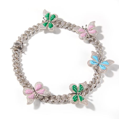 12mm Colorful Butterfly Pendant Cuban Link Necklace for Women