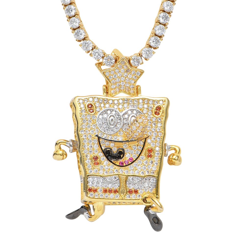 14K Gold Plated Iced Out Sponge Bob Pendant Necklace for Men Women