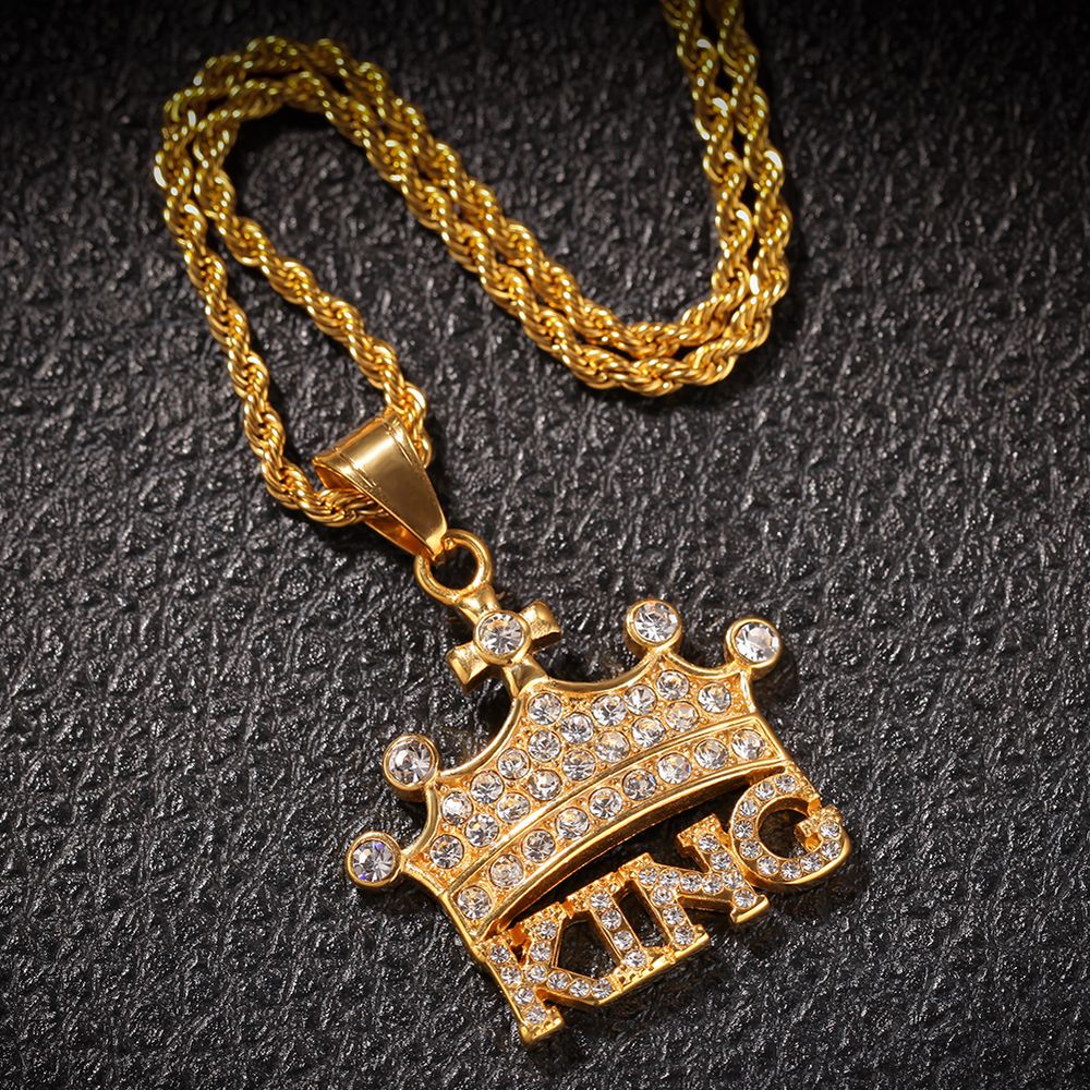 Hip Hop Iced KING  Crown Pendant & 3mm 24" Cuban Link Chain Necklace for Men Women