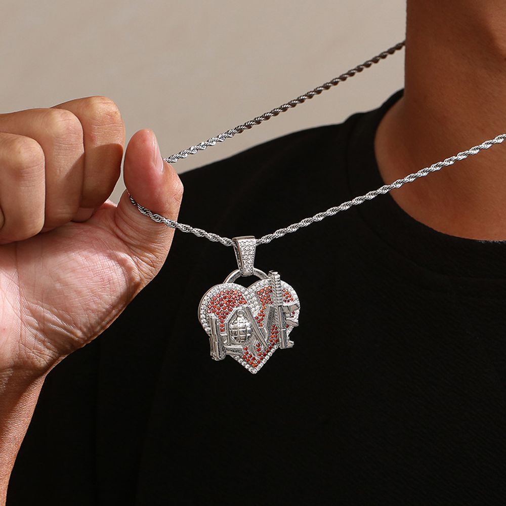 Iced Out LOVE Gun Pendant Necklace for Men Women