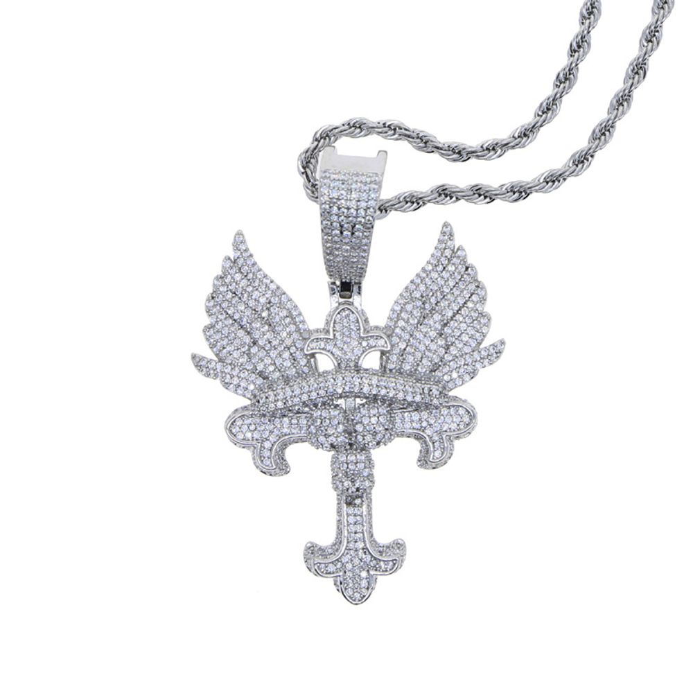Hip Hop Iced Out Angel & Cross Pendant Necklace for Men Women