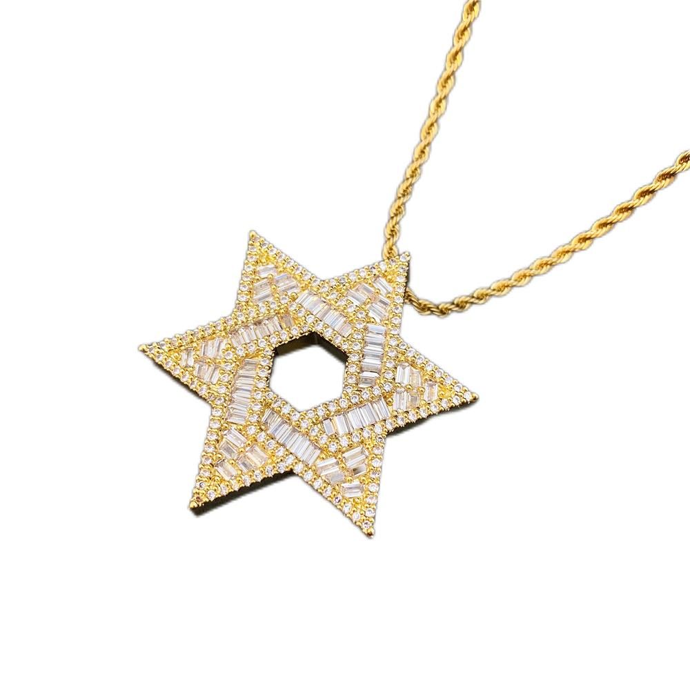 14K Gold Plated Iced Out Hexagram Star of David Pendant Neacklace for Men Women