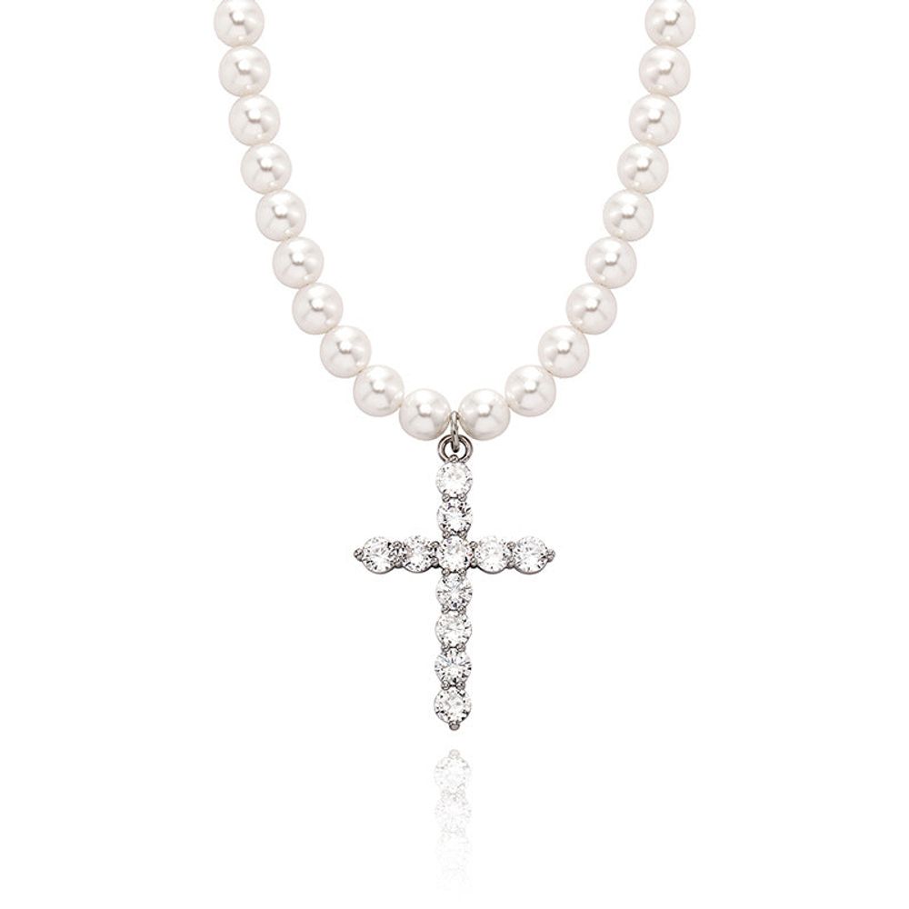 Iced Cross Pendant & 8mm Pearl Chain for Men Women