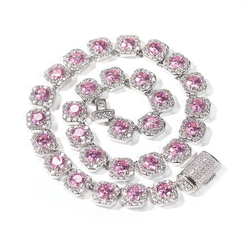 12.5mm Hip-Hop Iced Out Pink Sparkling Cluster Tennis Chain Necklace for Men Women