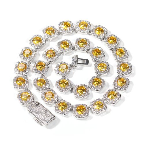 12.5mm Hip-Hop Iced Out Yellow Sparkling Cluster Tennis Chain Necklace for Men Women