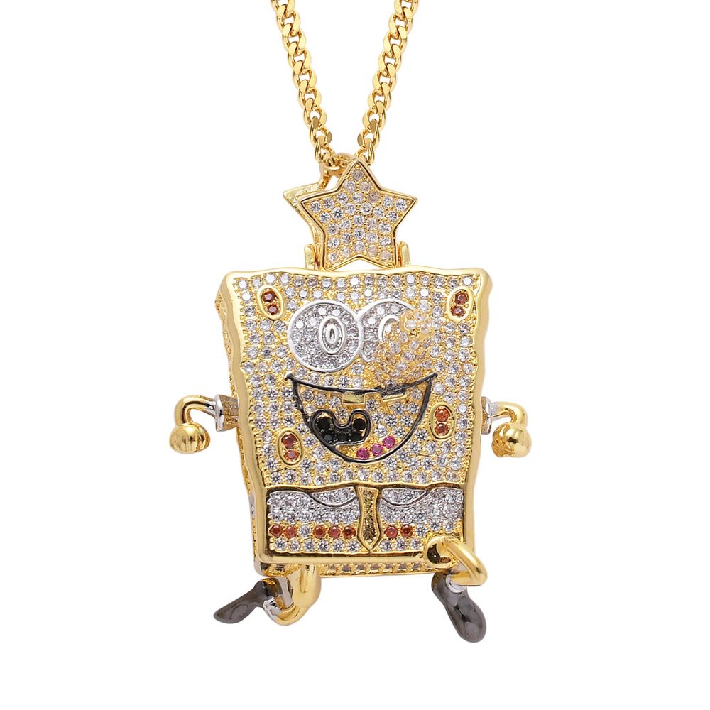 14K Gold Plated Iced Out Sponge Bob Pendant Necklace for Men Women