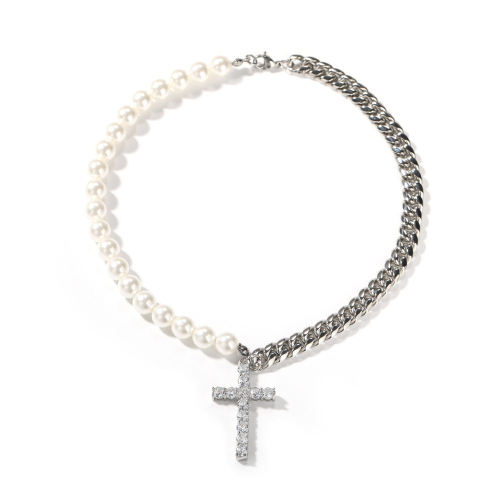 Cross Pendant Stainless Steel and Pearl Chain Necklace