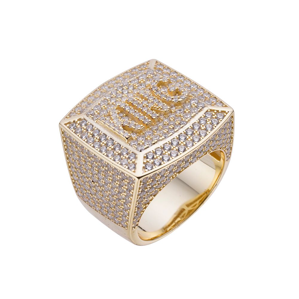 18K Gold/ White Gold Plated Iced Solid 925 Sterling Silver KING Ring for Men