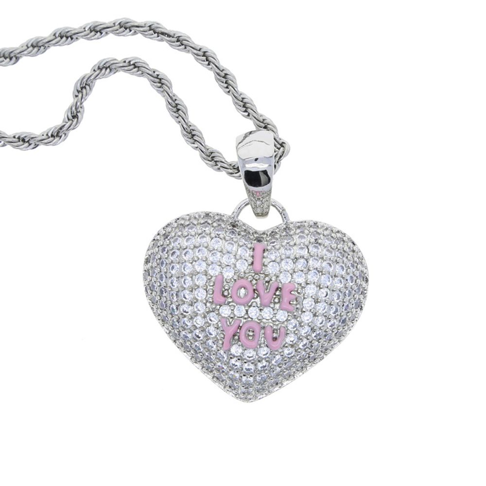 Iced Out I LOVE YOU Heart Pendant Necklace for Men Women Couple