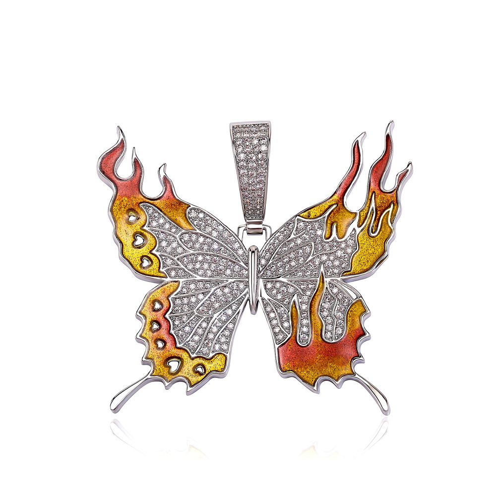 Iced Out Flaming Butterfly Pendant Necklace for Women Men