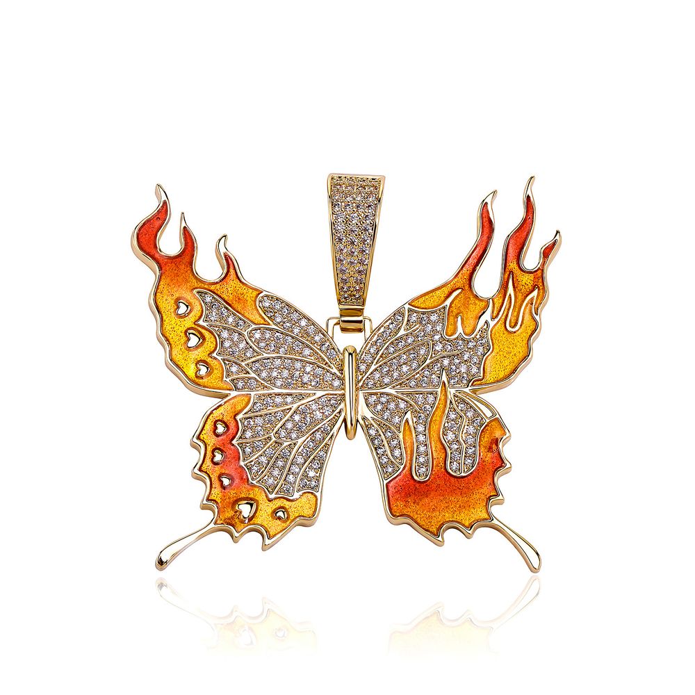Iced Out Flaming Butterfly Pendant Necklace for Women Men