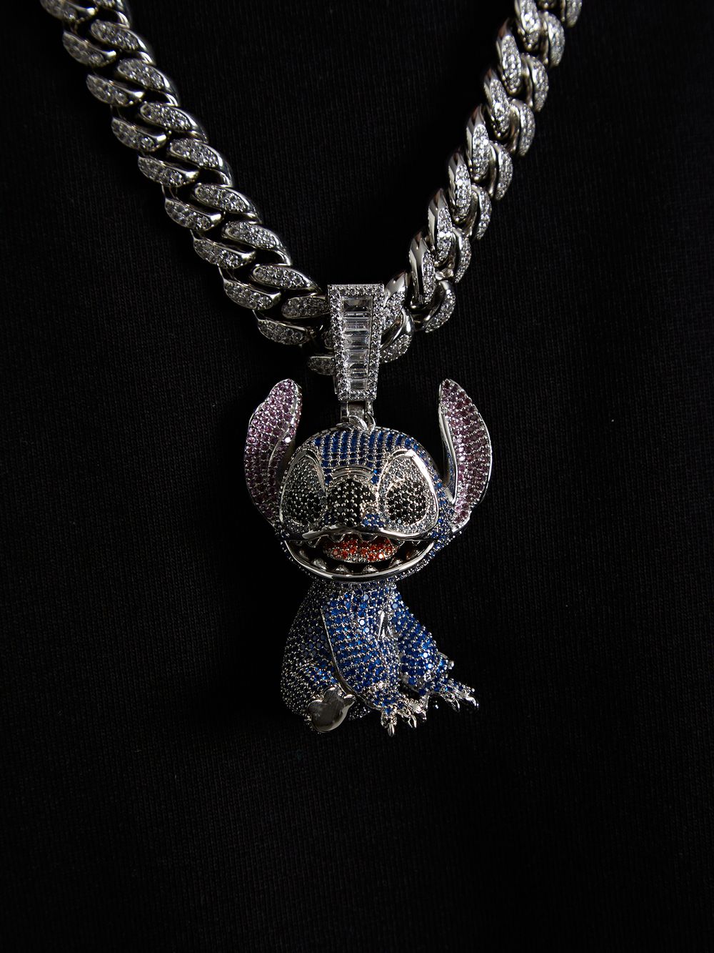 Iced Out Stitch Pendant Necklace for Men Women