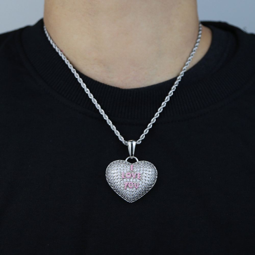 Iced Out I LOVE YOU Heart Pendant Necklace for Men Women Couple
