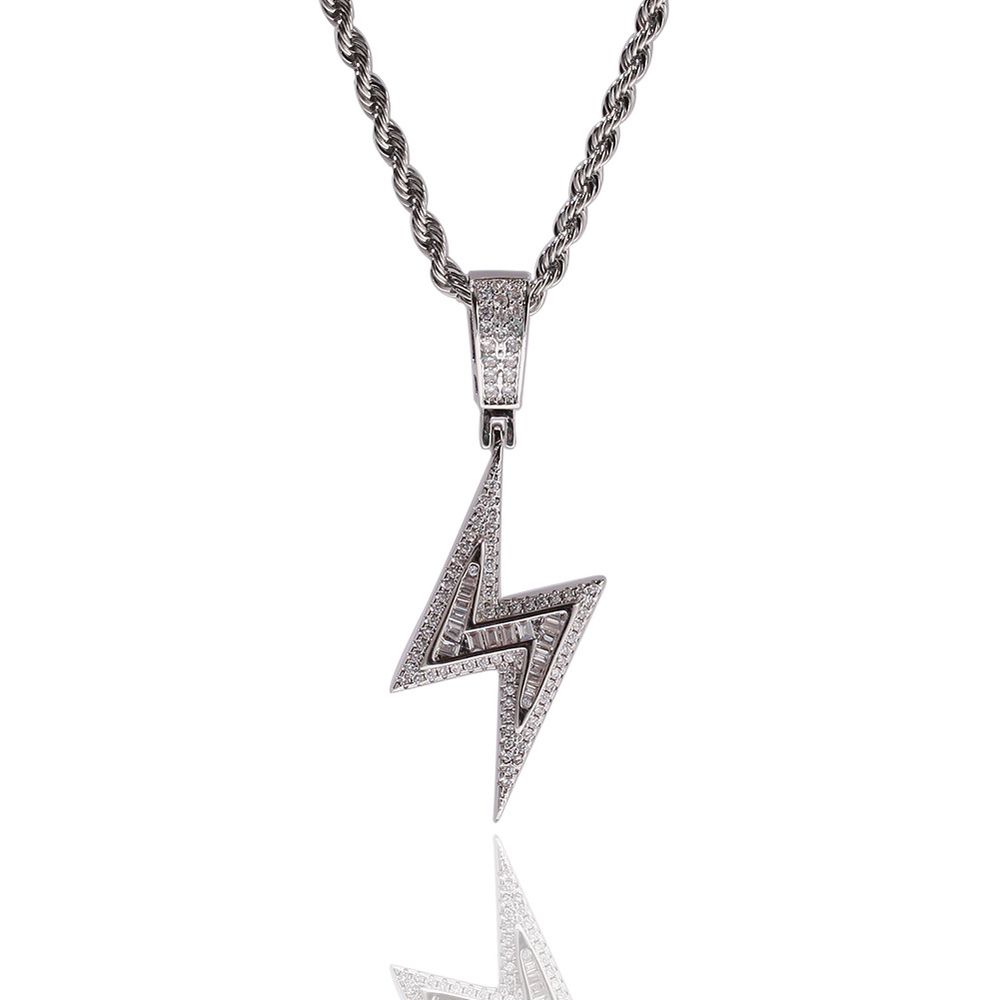 Iced Simple Lightning Bolt Pendant & 3mm 24" Rope Chain Necklace for Men Women