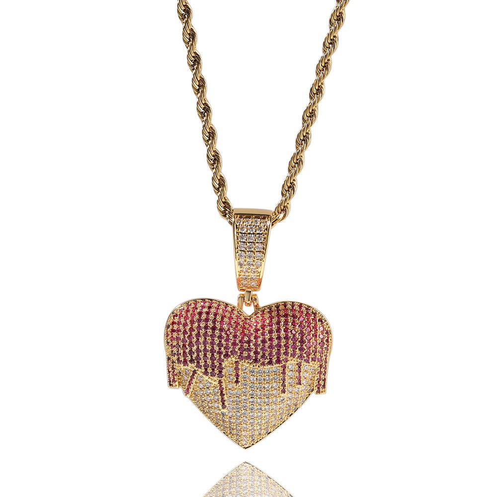 Hip Hop Iced Dripping Blood Heart Pendant & 3mm 24" Rope Chain Necklace für Herren Damen
