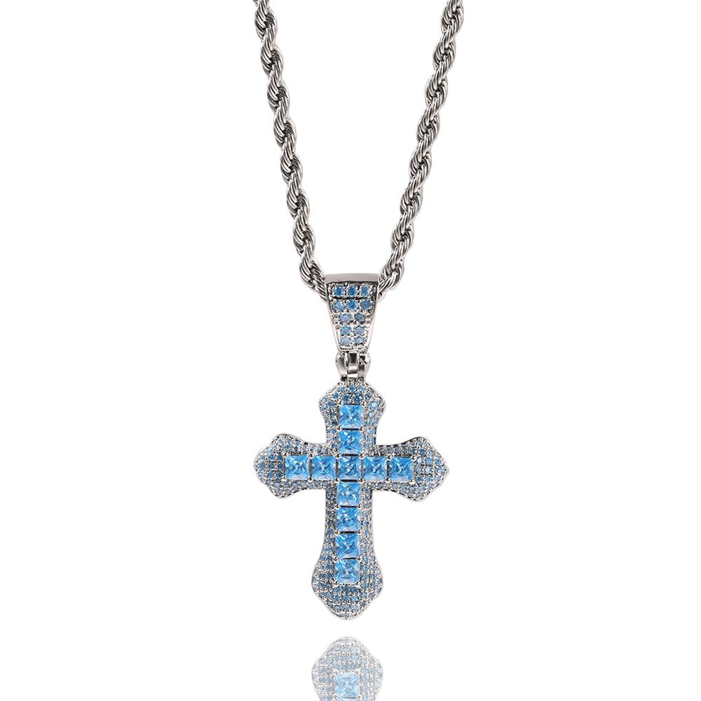 Iced Princess Cut Cross Pendant & 3mm 24" Rope Chain Necklace for Men Women