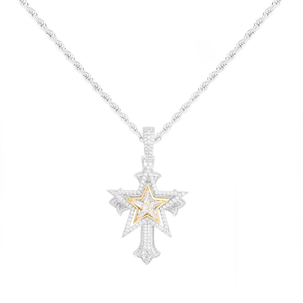 Iced Out Rotatable Star Cross Pendant Necklace for Men Women