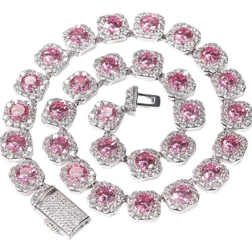 12.5mm Hip-Hop Iced Out Pink Sparkling Cluster Tennis Chain Necklace for Men Women